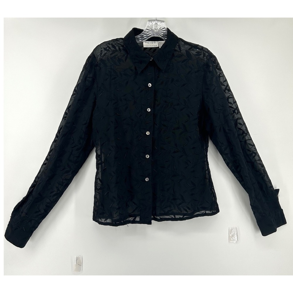 Preview Collection Black‎ Sheer Leaf Embroidered Button Down Blouse Top Womens M